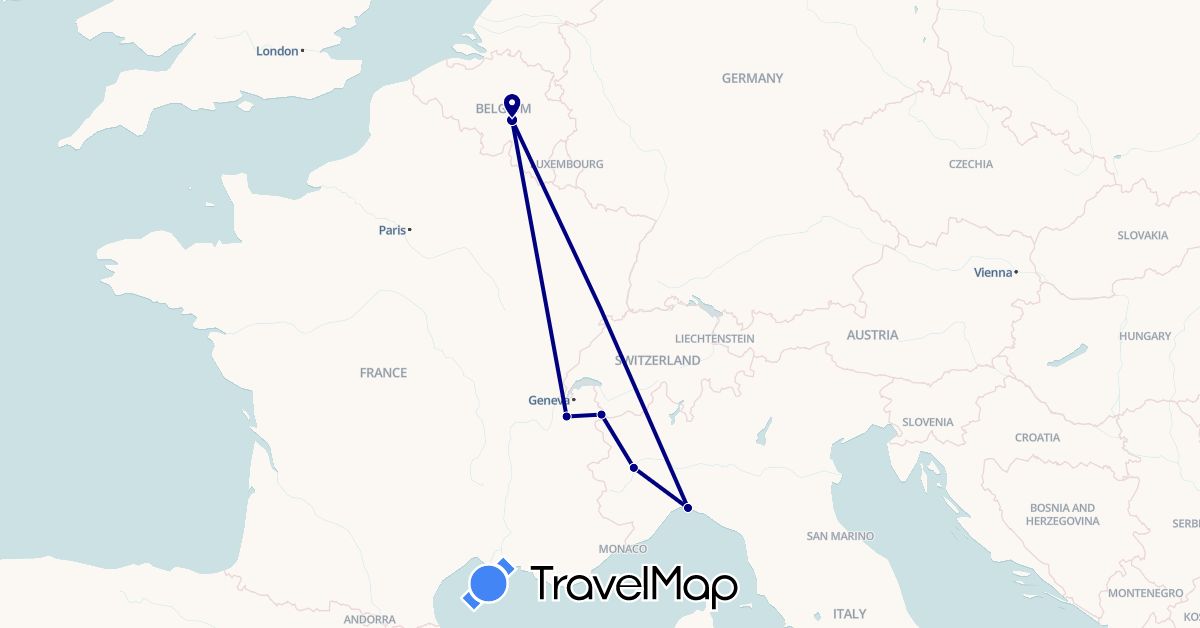 TravelMap itinerary: driving in Belgium, France, Italy (Europe)